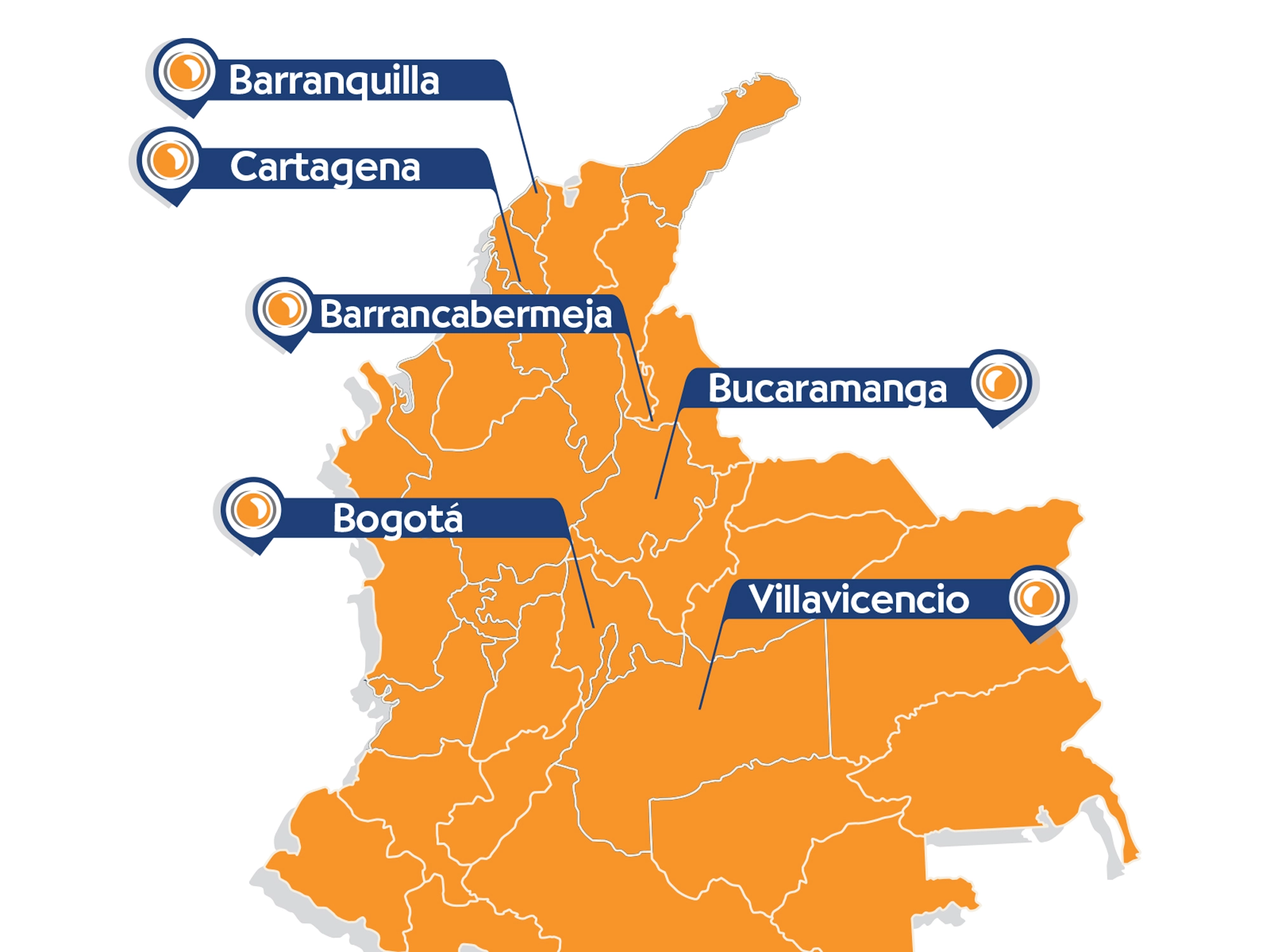 Mapa de Colombia con ubicación de sedes